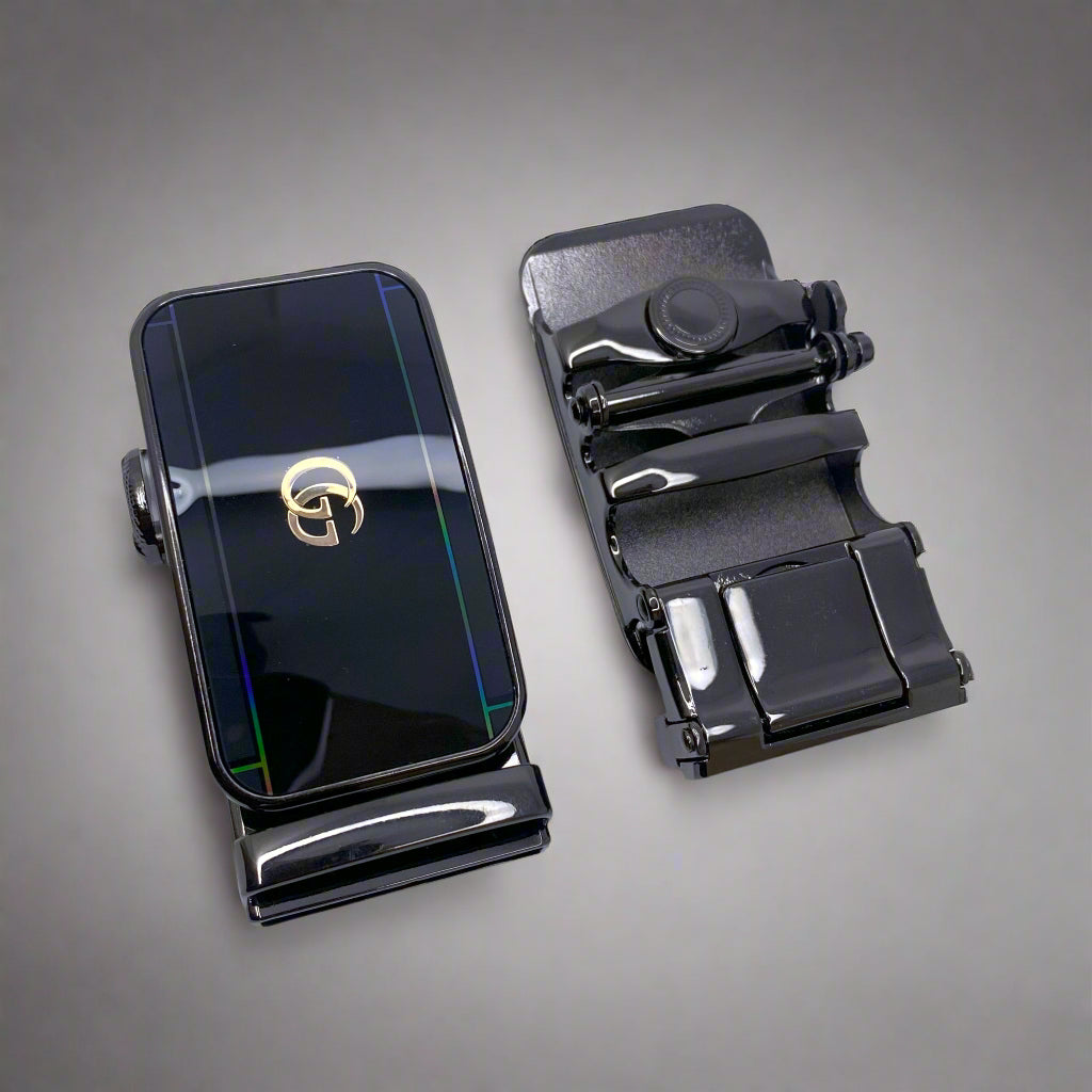 Black belt buckle and strap on a white background