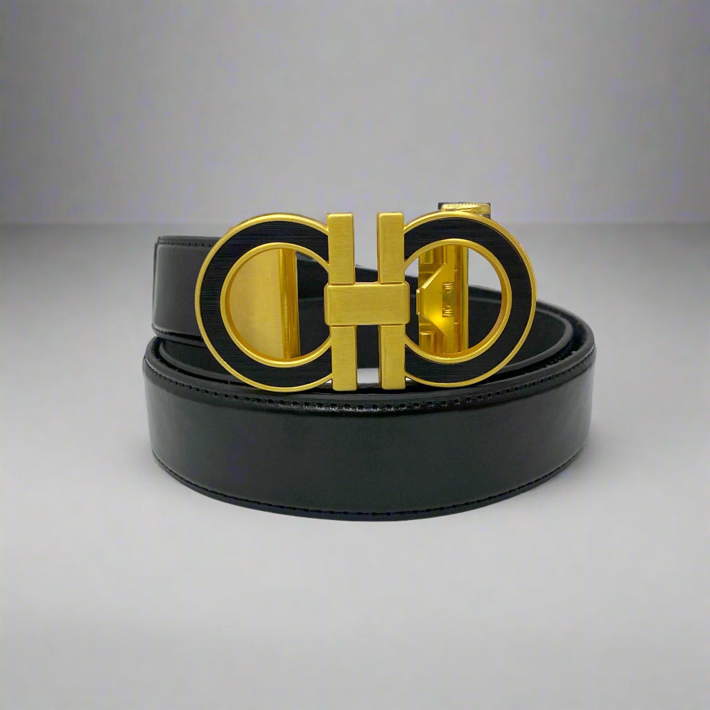 Black belt with gold buckle on a white background