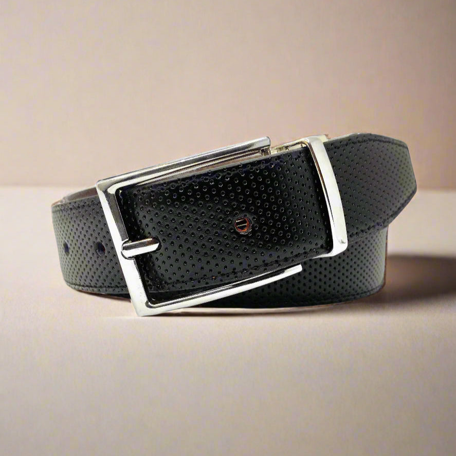 Black leather belt with a silver buckle on a white background
