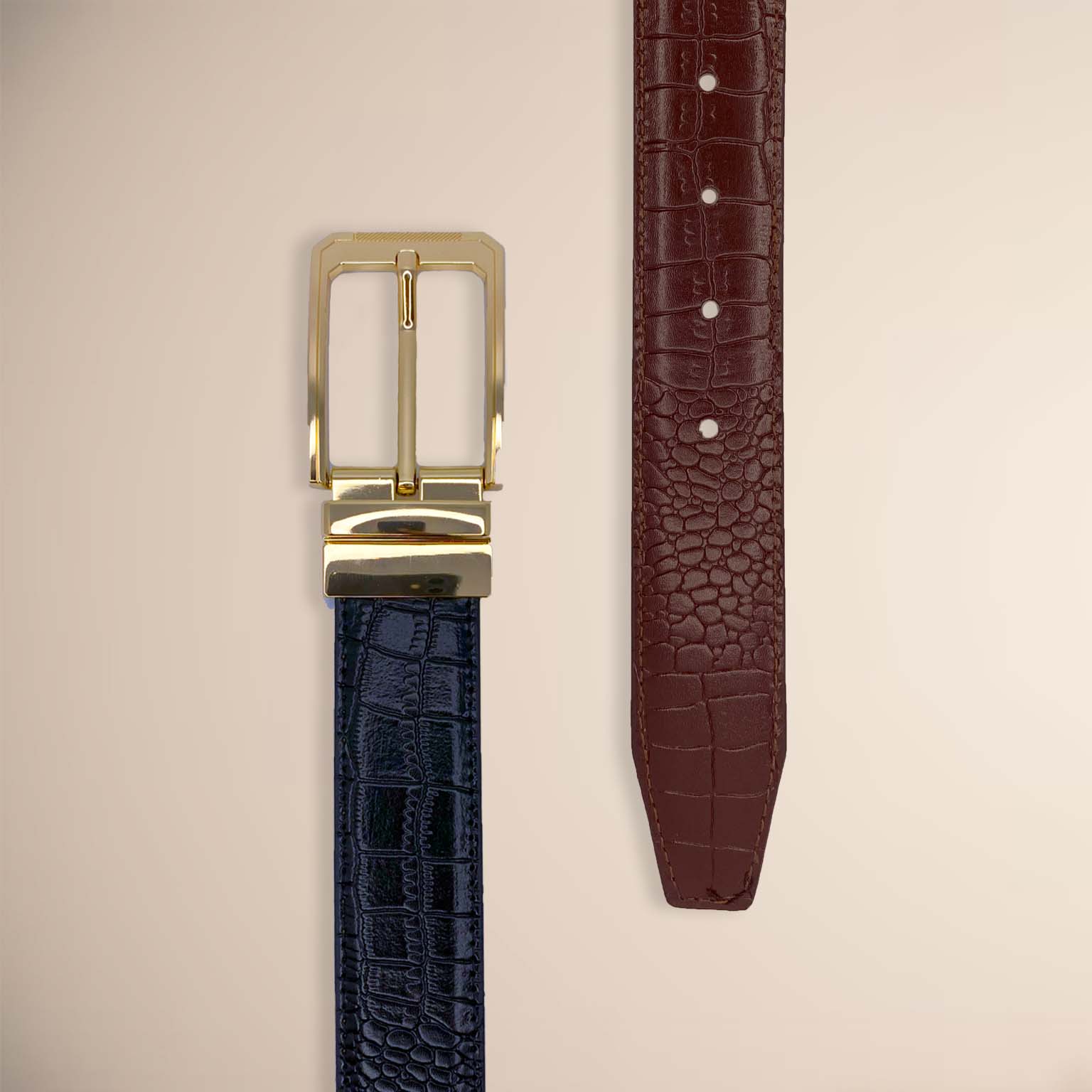 2-in-1 Reversible Leather Belt Crocodile Gold Royalty Fashion Store