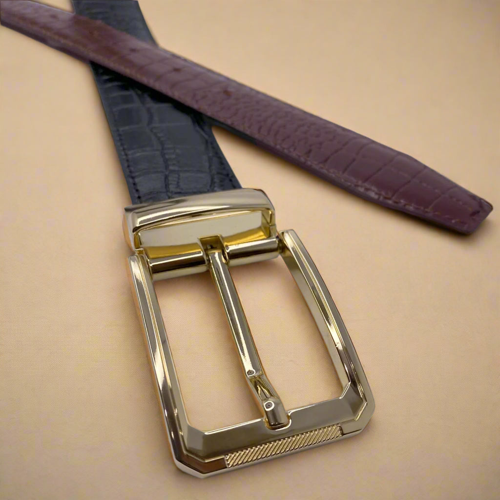 2-in-1 Reversible Leather Belt Crocodile Gold Royalty Fashion Store