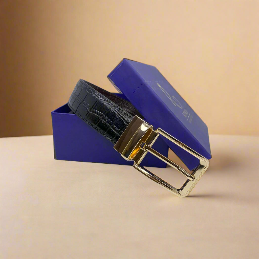 2-in-1 Reversible Leather Belt Crocodile Gold Royalty Fashion Store