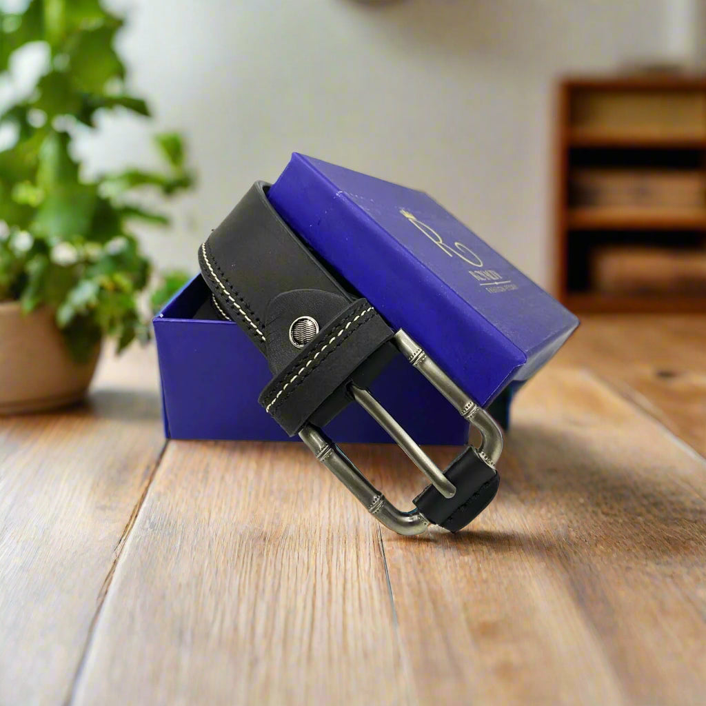 Stitch Black Leather Belt - Full Grain Royalty Fashion Store